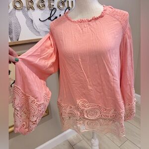 LOVE RICHE Pink Crochet and Balloon Sleeve Blouse